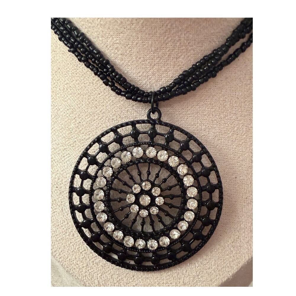 Black Beaded Statement Necklace – Crystal Medallion | 9–10” Drop